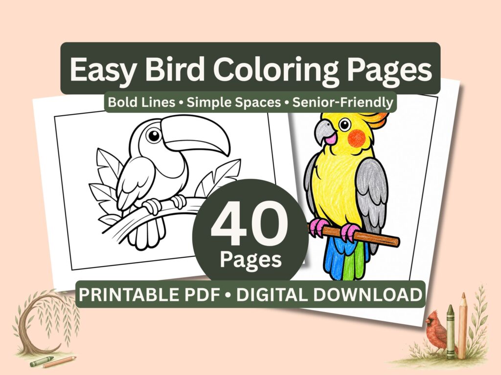 Bold Lines Bird Coloring Pages for Seniors, 40 Easy Nature Coloring Sheets for Visually Impaired, Simple Aviary Adult Printable PDF Book