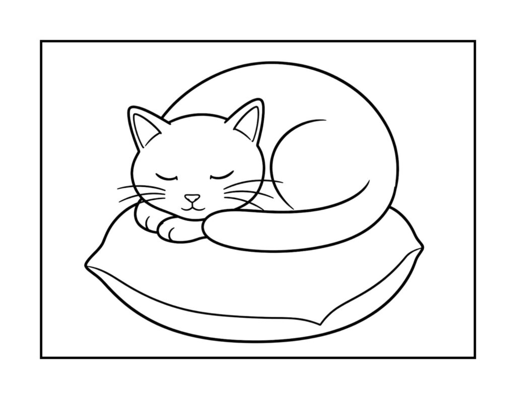 Black-and-white coloring page of a curled sleeping cat resting on a large cushion.