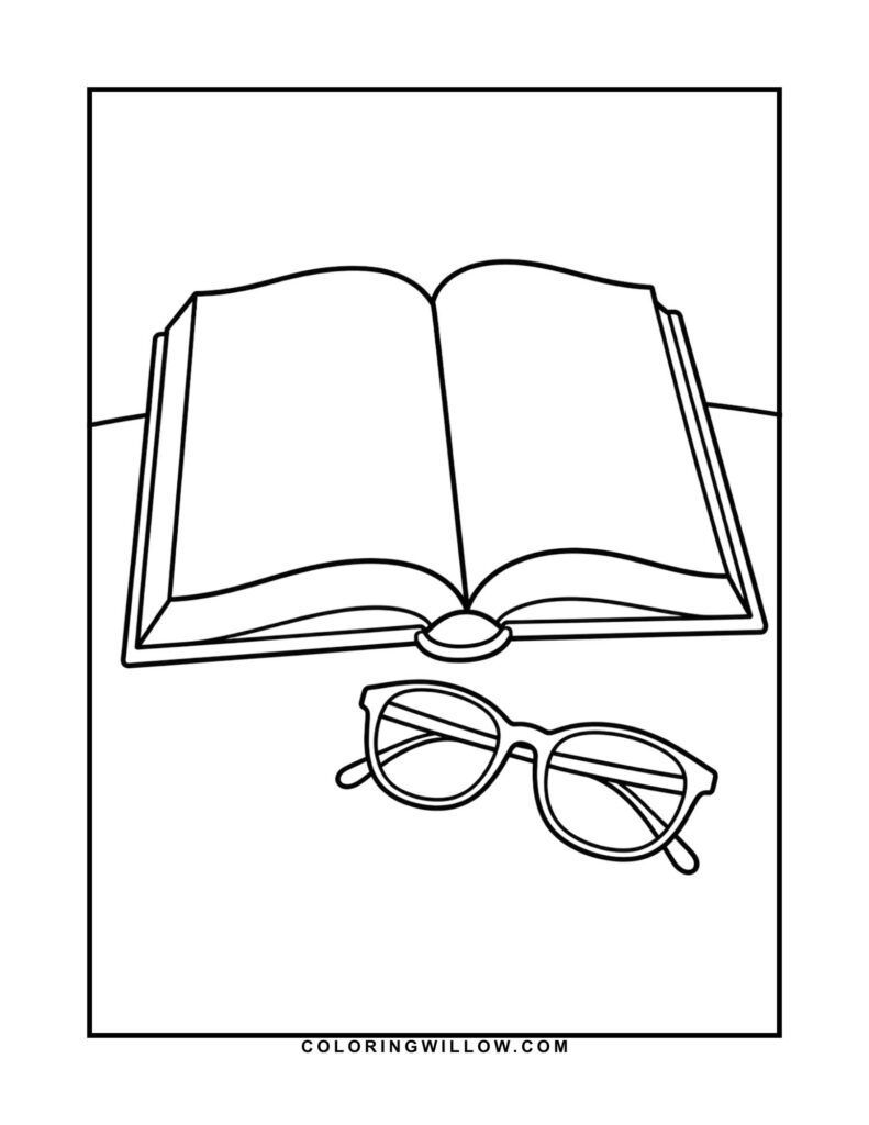 Black-and-white coloring page of an open book with reading glasses resting in front.