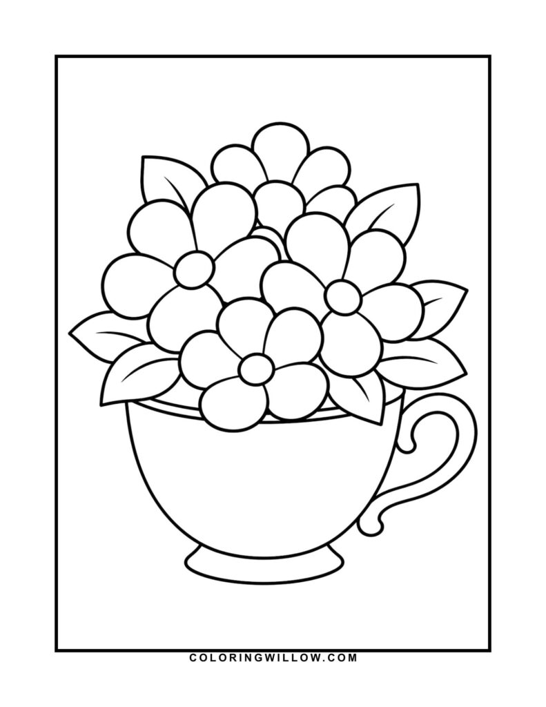 Black-and-white coloring page of clustered flowers and leaves arranged in a teacup.