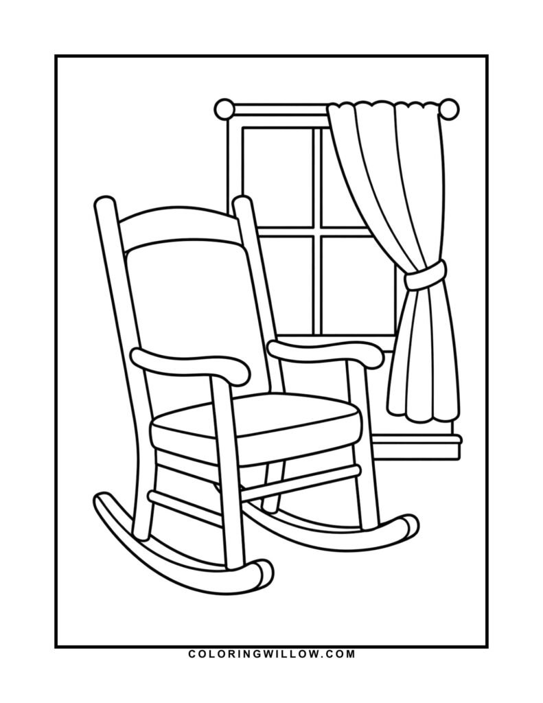 Black-and-white coloring page of a wooden rocking chair beside a curtained window.