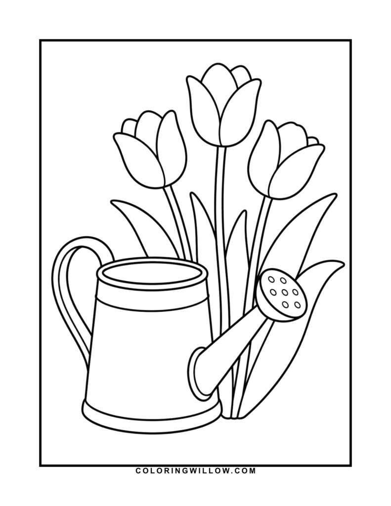 Black-and-white coloring page of tulips beside a watering can.