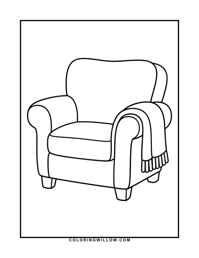 Black-and-white coloring page of a cushioned armchair with a folded blanket over one arm.