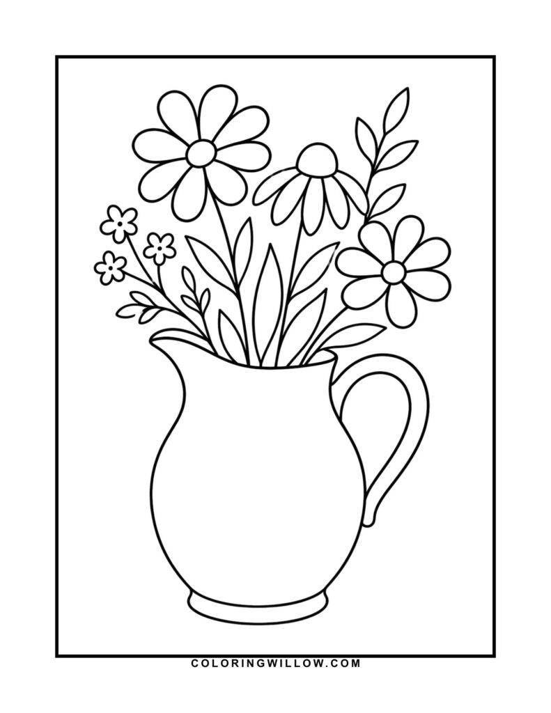 Black-and-white coloring page of daisies and small flowers arranged in a handled pitcher.
