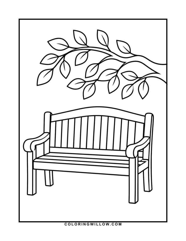 Black-and-white coloring page of a wooden garden bench beneath a leafy tree branch.