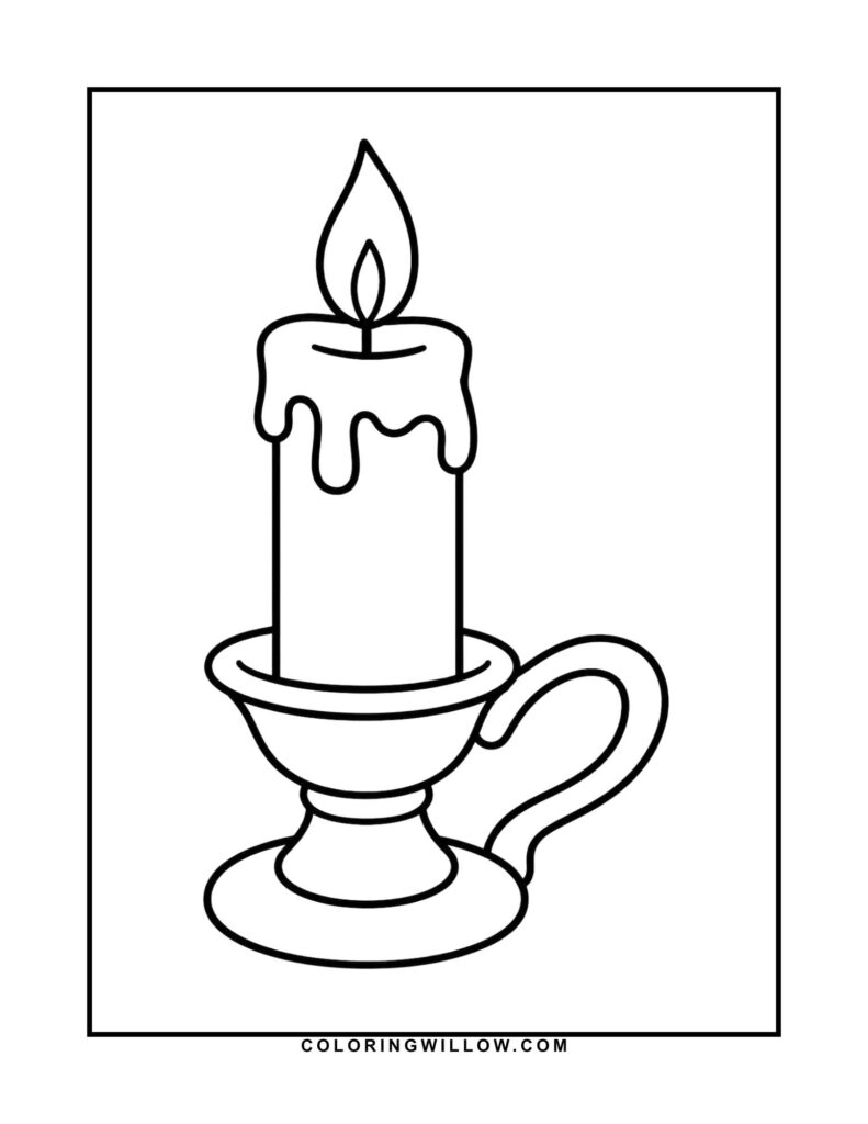 Black-and-white coloring page of a lit candle in a traditional handled candleholder.
