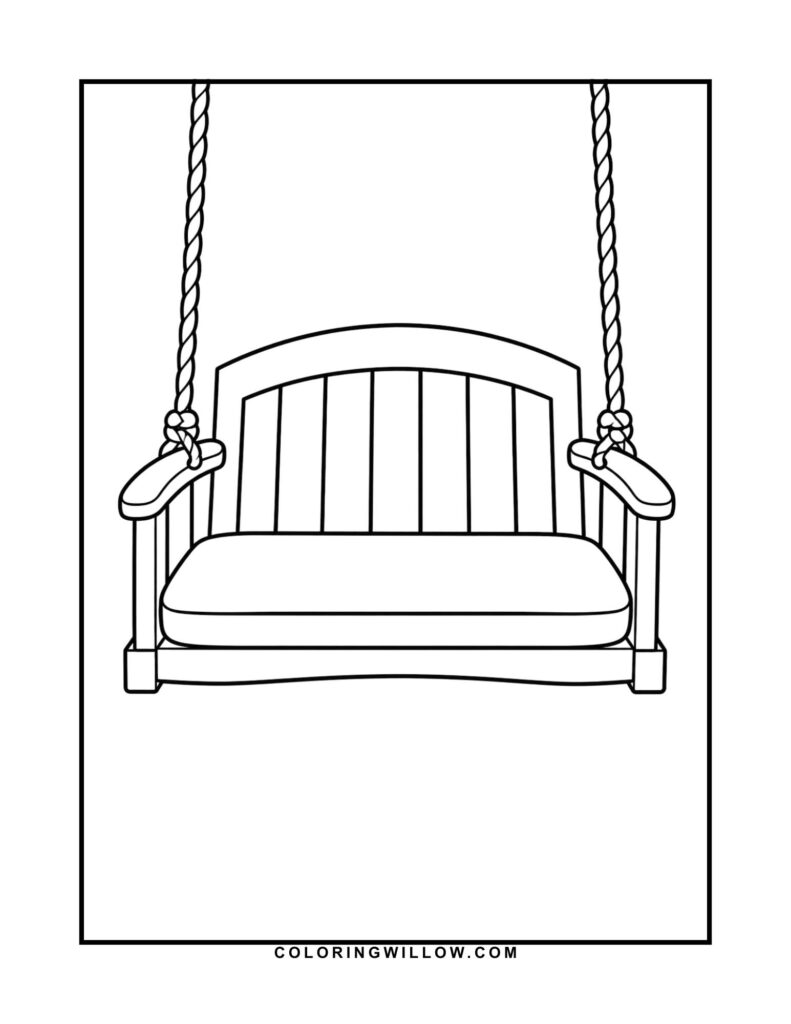 Black-and-white coloring page of a cushioned porch swing hanging from two ropes.