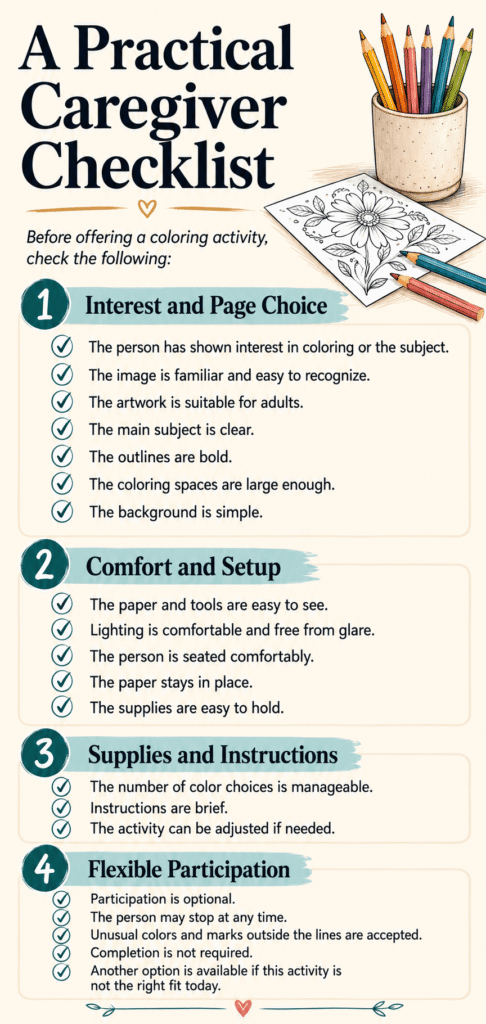 Infographic titled **"A Practical Caregiver Checklist"** with a four-part checklist covering page selection, comfort, supplies, and flexible participation before offering a coloring activity. A small illustration of colored pencils and a coloring page appears near the title on a warm cream background.