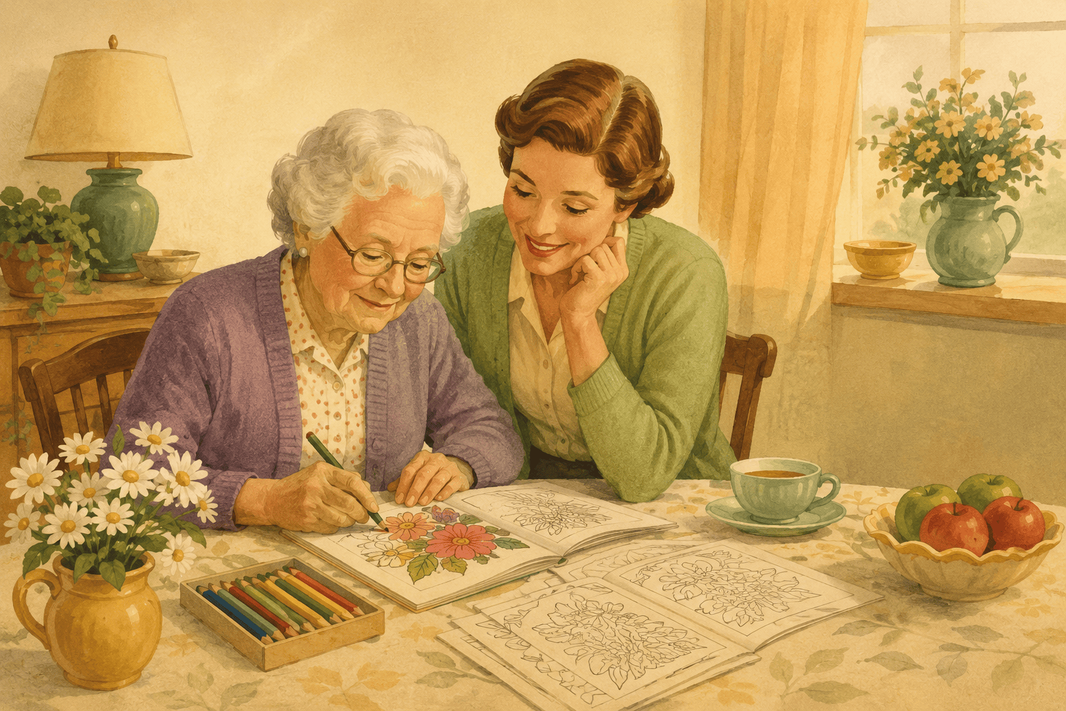 An older woman colors a large floral coloring page at a kitchen table while a younger female caregiver sits beside her, smiling and offering quiet companionship. Colored pencils, additional coloring pages, flowers, and warm mid-century home décor create a calm, supportive atmosphere.