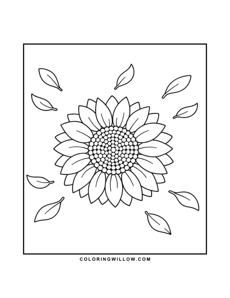 Black-and-white coloring page of a large sunflower surrounded by drifting petals.