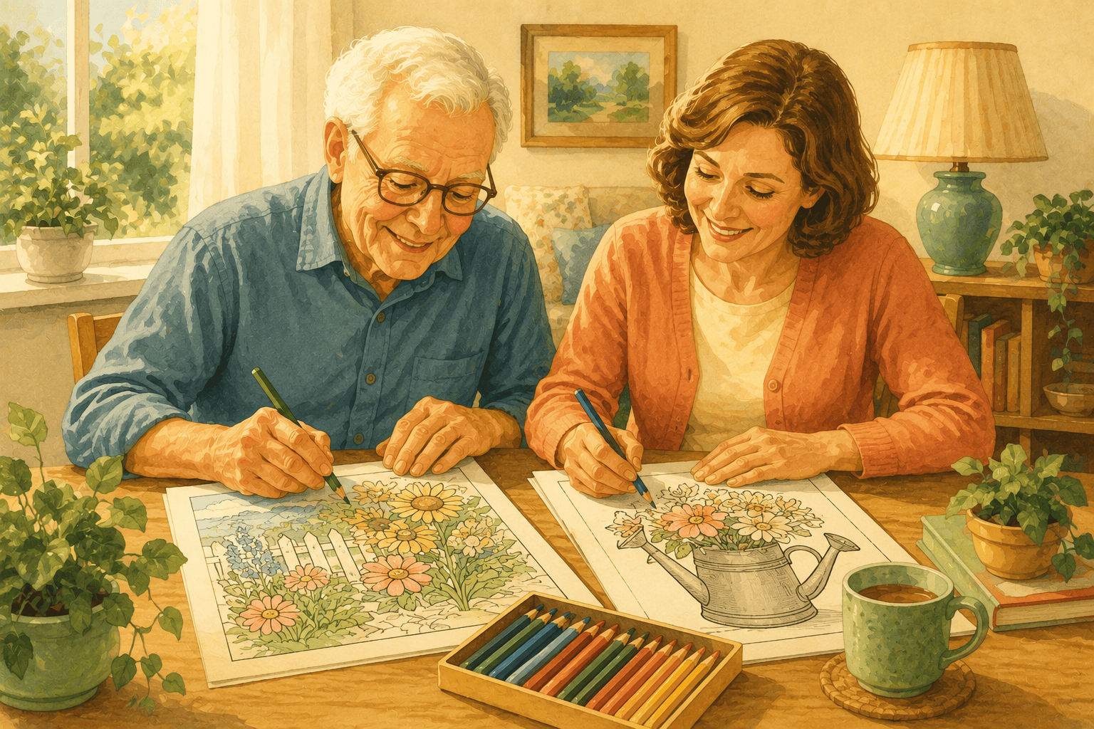An older man and an adult daughter or caregiver sit side by side at a sunlit table, each coloring a different large-print page. One page shows a garden scene and the other a watering can filled with flowers. Colored pencils, houseplants, and warm home décor create a friendly, companionable atmosphere.