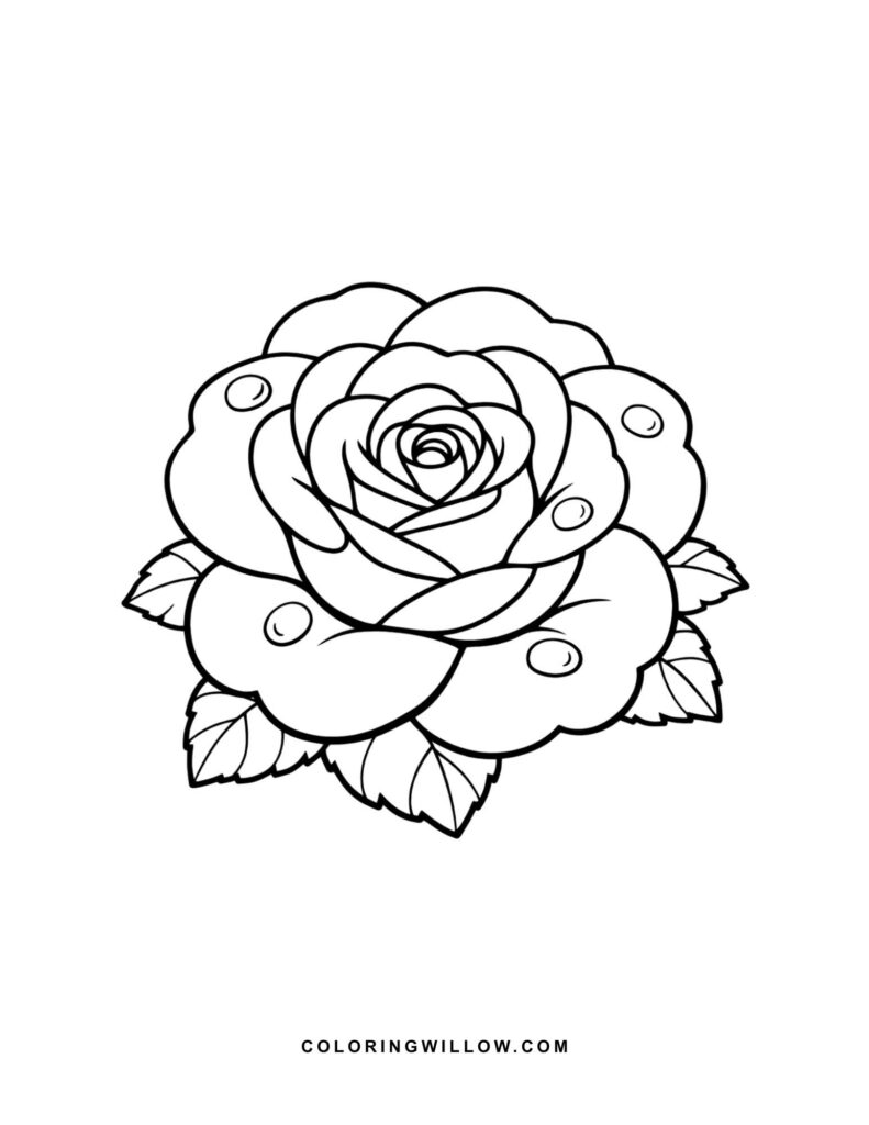 Black-and-white coloring page of a rose blossom covered with rounded raindrops.