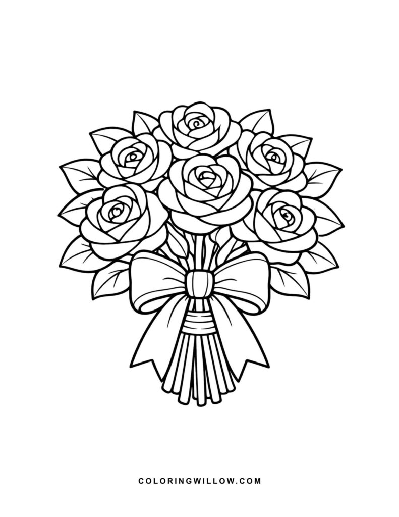 Black-and-white coloring page of a tied bouquet filled with blooming roses and leaves.