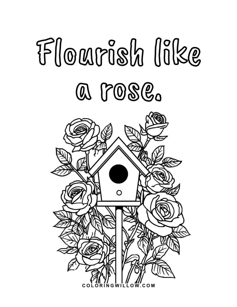 Rose-covered birdhouse coloring page with the words “Flourish like a rose.”