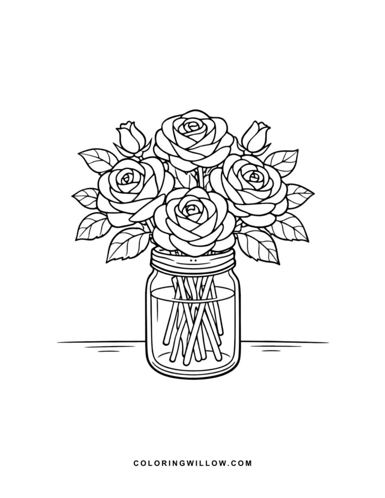 Black-and-white coloring page of a rose bouquet arranged in a glass mason jar.