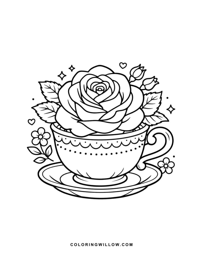 Black-and-white coloring page of roses arranged in a decorative teacup and saucer.