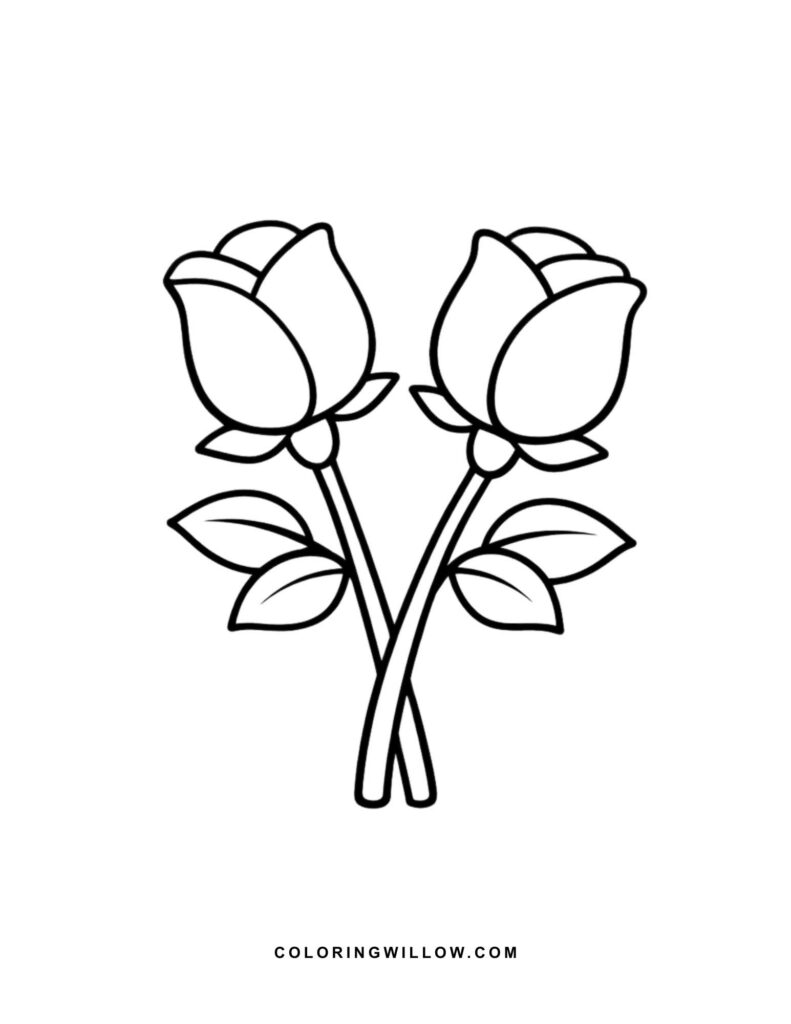 Black-and-white coloring page of two rosebuds on crossed stems with simple leaves.