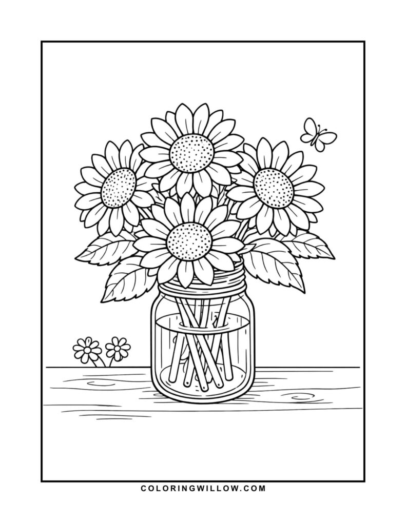 Black-and-white coloring page of a sunflower bouquet arranged in a glass mason jar.