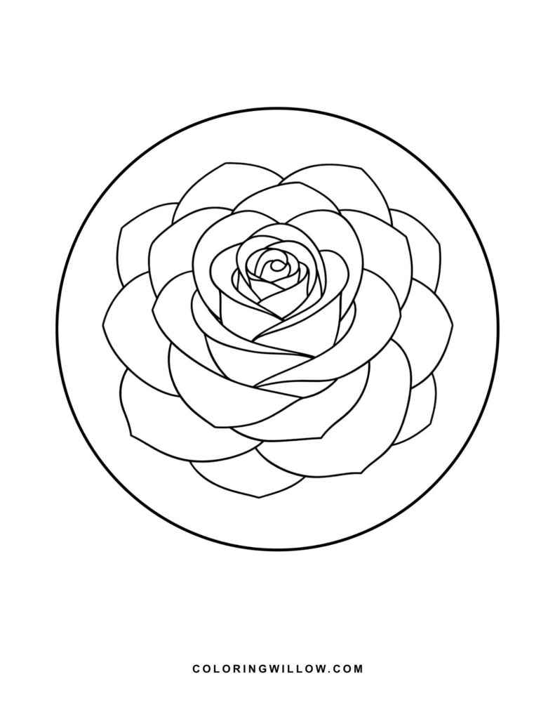 Black-and-white coloring page featuring a close-up rose centered inside a circle.