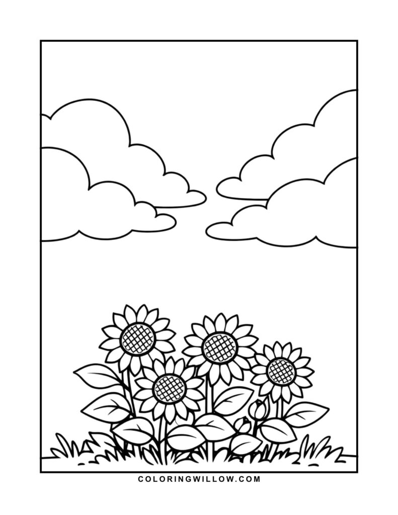 Black-and-white coloring page of a sunflower patch beneath large, softly outlined clouds.