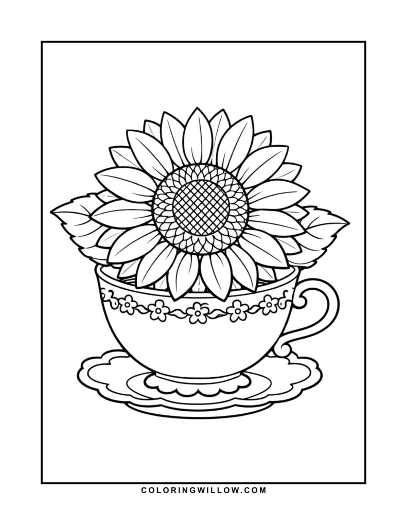 Black-and-white coloring page of a sunflower arranged in a decorative teacup and saucer.