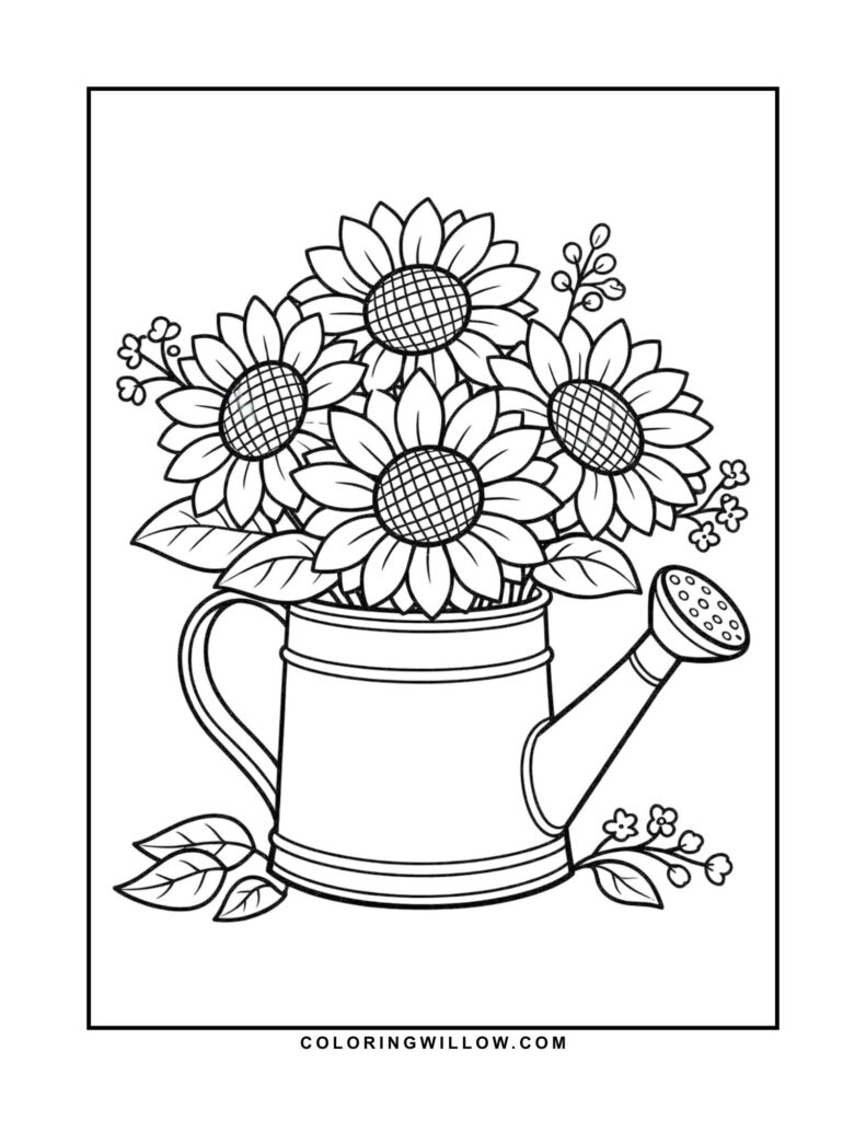 Black-and-white coloring page of sunflowers in a watering can with a small garden trowel.