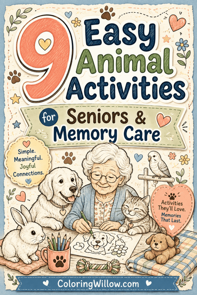 Vertical Pinterest graphic featuring a large “9” and the title “Easy Animal Activities for Seniors & Memory Care.” A smiling senior colors at a table with a friendly dog, cat, bunny, and bird in a cozy hand-drawn scene. The pastel scrapbook-style design includes paw prints, hearts, flowers, and doodles, with “ColoringWillow.com” at the bottom.
