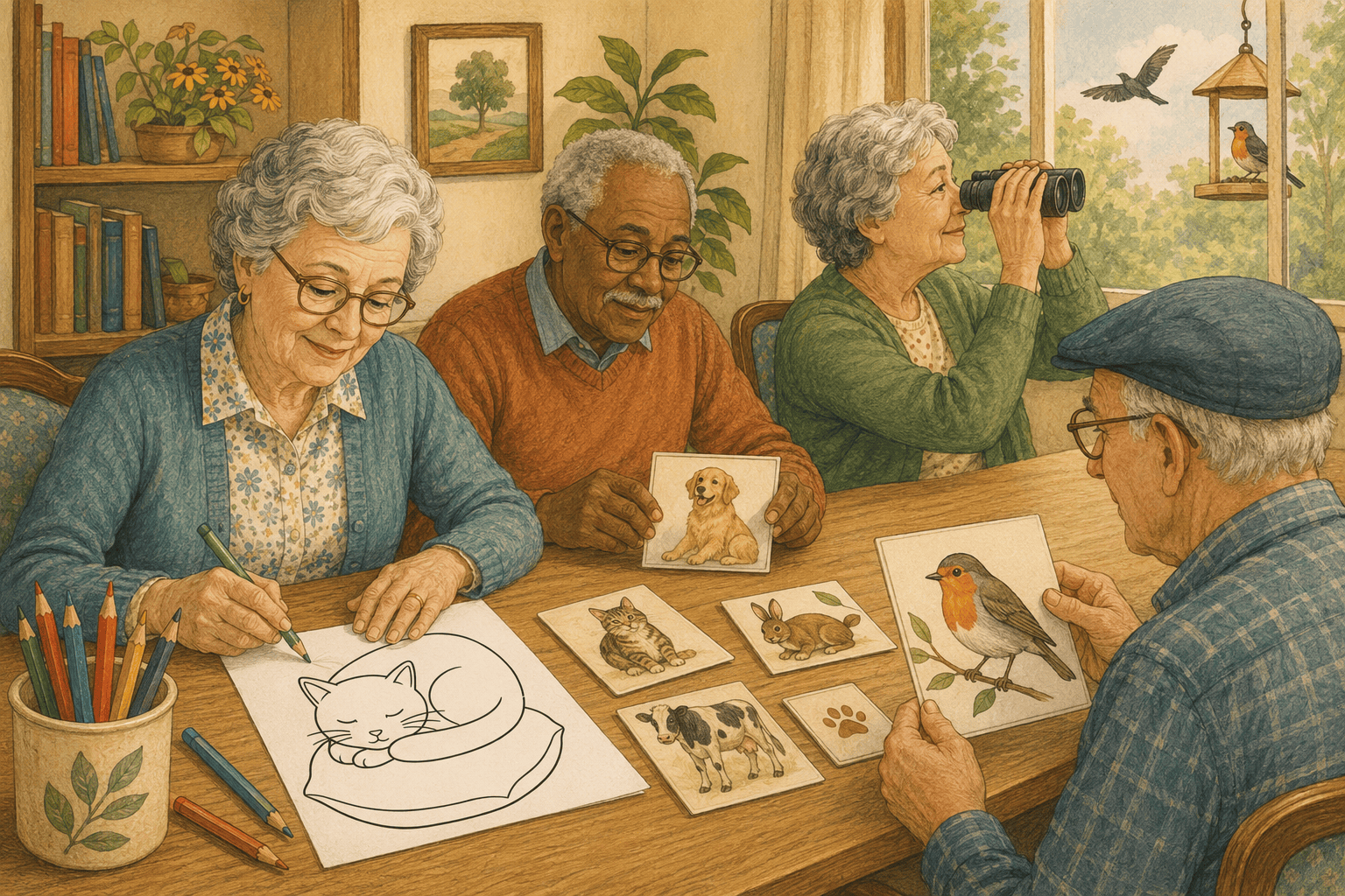 Older adults gathered around a table in a bright community room, enjoying animal-themed activities including coloring, matching picture cards, and birdwatching through binoculars by a window with a bird feeder.
