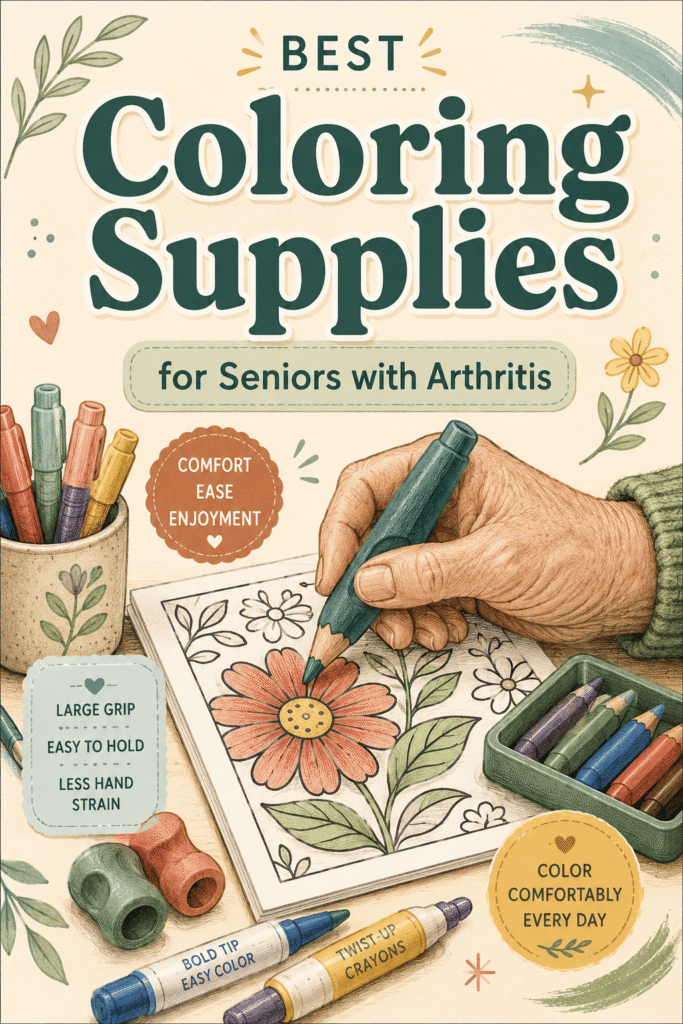 Pinterest pin about coloring supplies for seniors with arthritis, featuring an older adult coloring a large-print flower page with an ergonomic pencil, surrounded by easy-grip coloring tools and warm, calming illustrations.