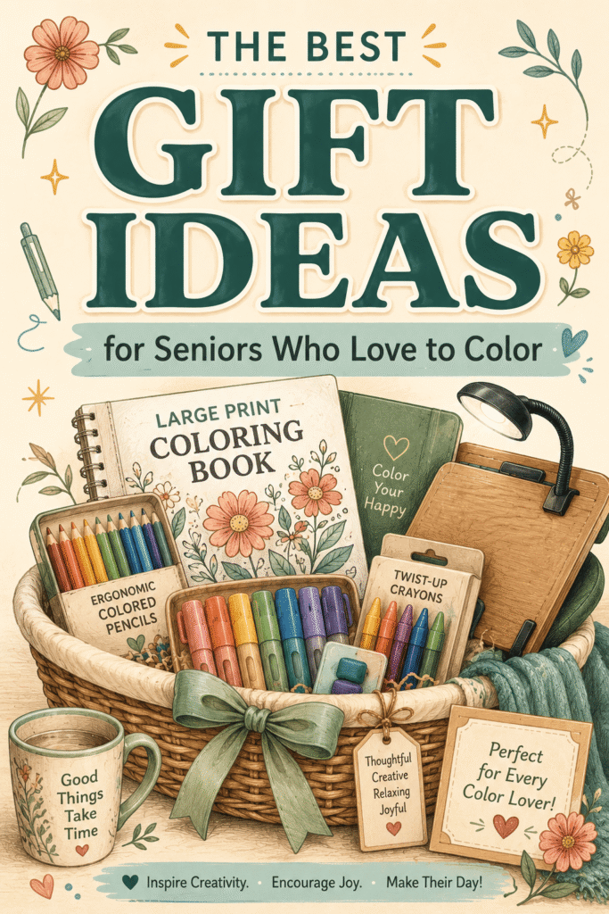 Gift basket with a large-print coloring book, colored pencils, crayons, clipboard, lamp, mug, and floral accents beneath the text “The Best Gift Ideas for Seniors Who Love to Color.”