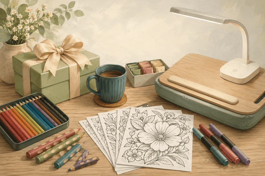 Editorial illustration of a tabletop gift set for older adults who enjoy coloring, featuring a wrapped present, colored pencils, chunky pencils, soft-grip markers, a lap desk with daylight lamp, a mug of tea with tea sampler packets, and several bold floral coloring pages arranged in a calm, uncluttered workspace.