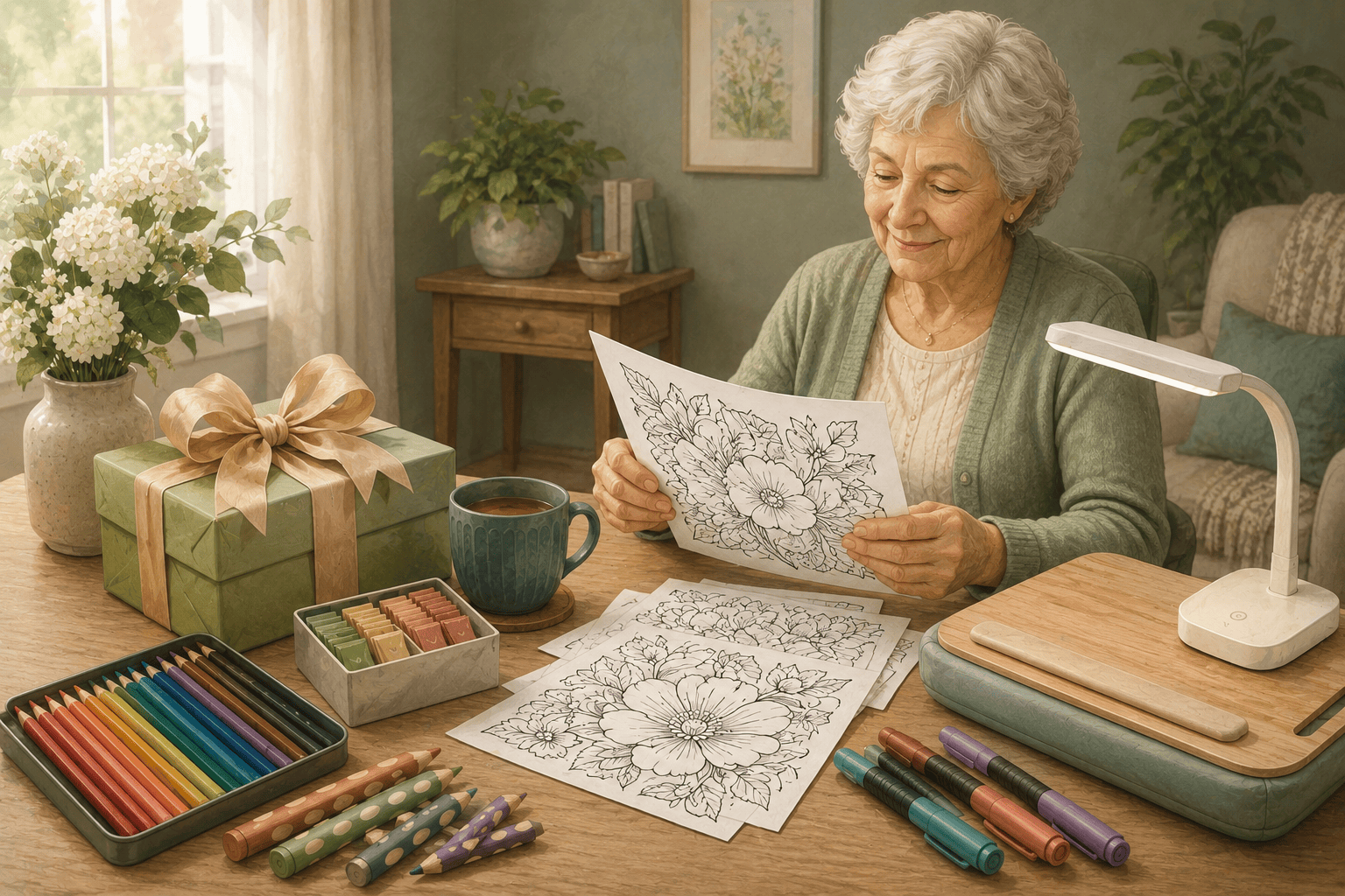 Editorial illustration showing gift ideas for older adults who enjoy coloring. A neatly wrapped gift sits on a tabletop beside colored pencils, chunky triangular pencils, soft-grip markers, a lap desk, a daylight lamp, a mug with tea, and several printed coloring pages with bold floral designs, while an older adult reviews the pages with a relaxed, engaged expression. The scene uses warm, muted colors and uncluttered spacing with open negative space.