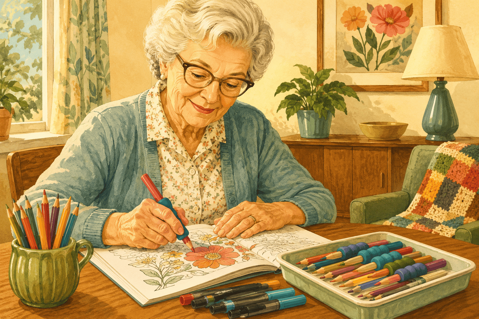 An older woman sits at a table in a cozy, sunlit home, coloring a large-print floral page with an ergonomic marker. Colored pencils and arthritis-friendly supplies are neatly arranged nearby, while warm vintage décor, houseplants, and soft natural light create a calm, welcoming atmosphere.