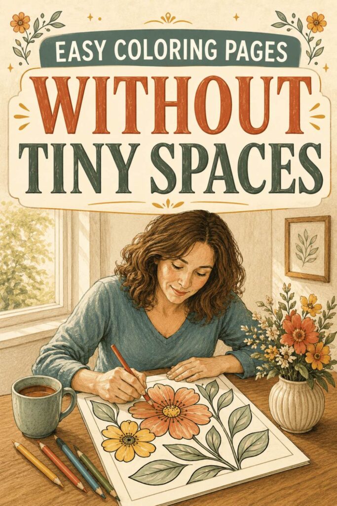 Woman coloring a large-print floral coloring page at a cozy table with colored pencils, a mug of tea, and a vase of flowers. Pinterest graphic with the headline “Easy Coloring Pages Without Tiny Spaces” in large bold text, styled in warm vintage-inspired colors and a calm, uncluttered editorial illustration style.