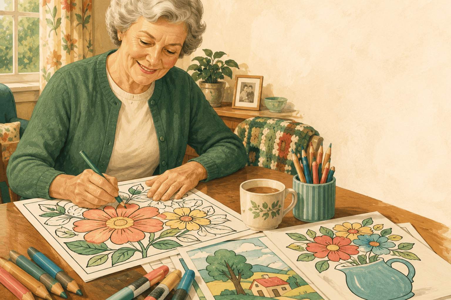 A warm vintage-style illustration shows an older woman relaxing at a kitchen table, coloring a large-print coloring page with bold, simple shapes and wide open spaces. Soft daylight streams through a nearby window, with colored pencils, a mug of tea, and a few completed pages nearby, creating a calm, comfortable scene that reflects easy coloring without tiny details.