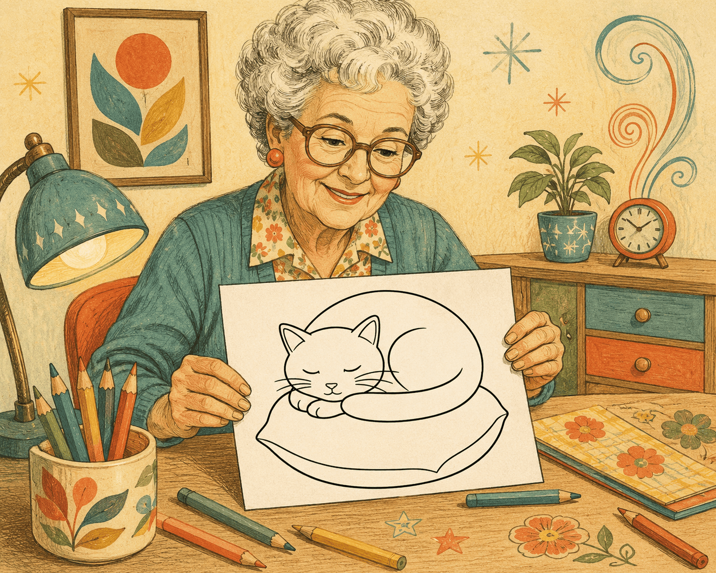 Vintage-inspired illustration of an older adult smiling at a retro craft table while holding a large cat-on-pillow coloring page, surrounded by colored pencils, crayons, a desk lamp, and cozy 1970s décor.