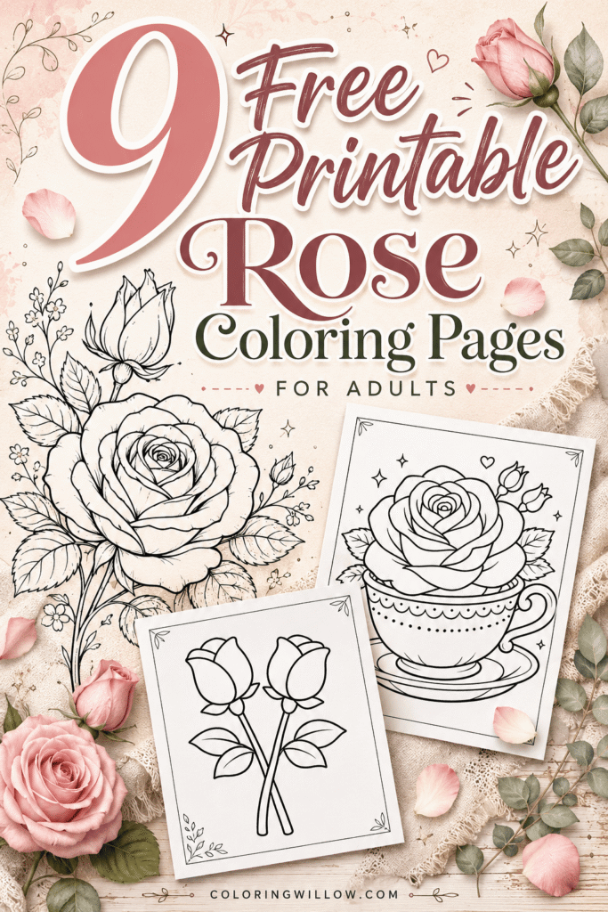 Pinterest graphic promoting 9 free printable rose coloring pages, with vintage roses and three sample coloring sheets.