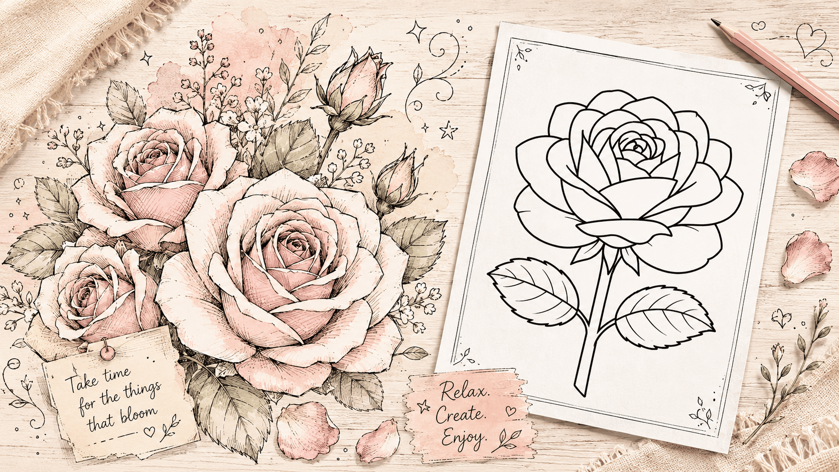Pinterest graphic featuring pink roses beside a printable rose coloring page in a soft vintage floral layout.