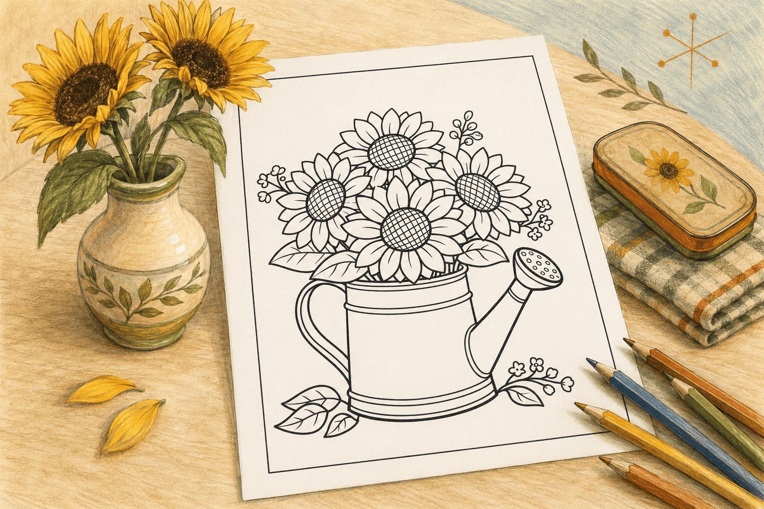 Black-and-white coloring page featuring a watering can filled with five large sunflowers, accented by leaves and small blossoms, in a bold, easy-to-color style with wide open spaces and a simple border.