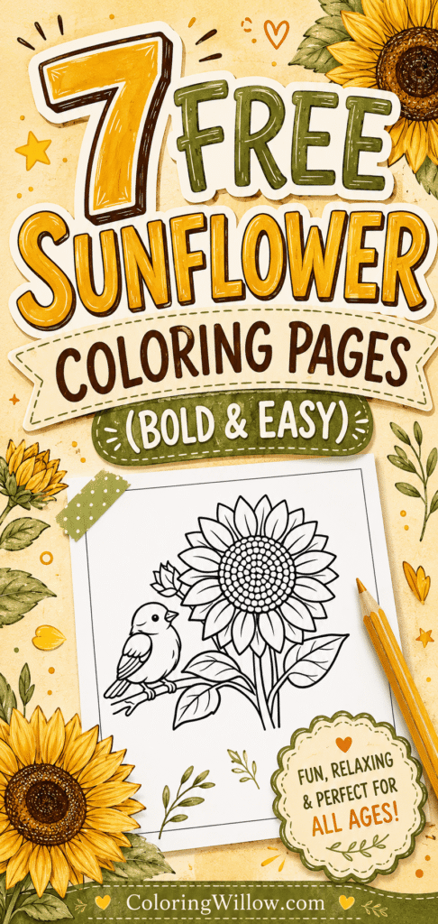 Bright Pinterest promotional image for free sunflower coloring pages with a printable sunflower illustration, bold typography, cheerful decorative accents, and ColoringWillow.com footer.