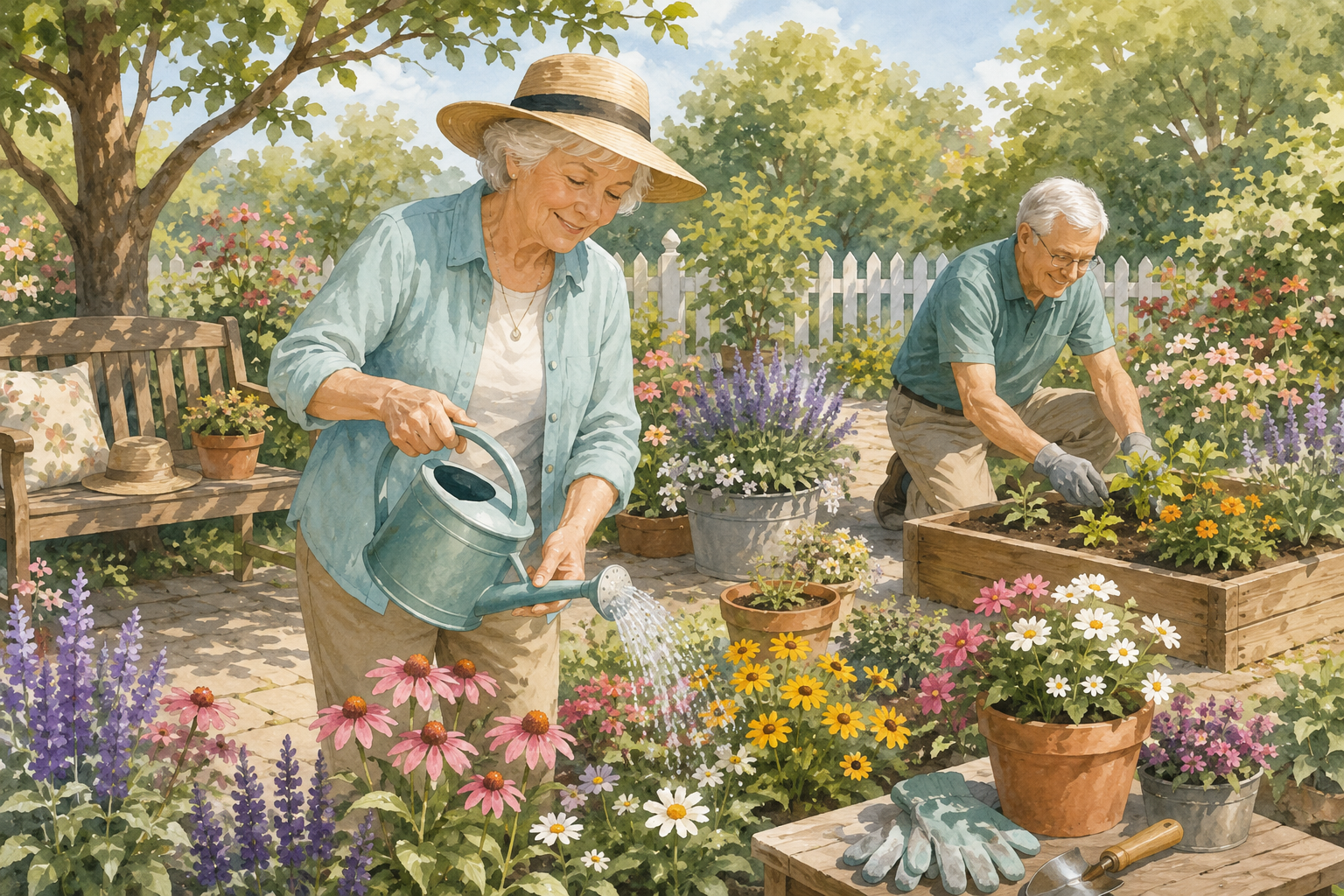 Two older adults tending colorful flowers and potted plants in a sunny garden with raised beds.