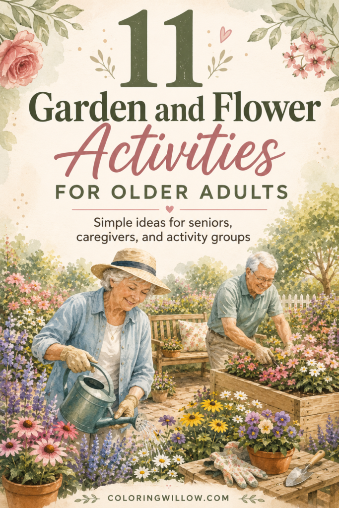 Pinterest graphic for “11 Garden and Flower Activities for Older Adults,” showing two older adults gardening among colorful flowers.