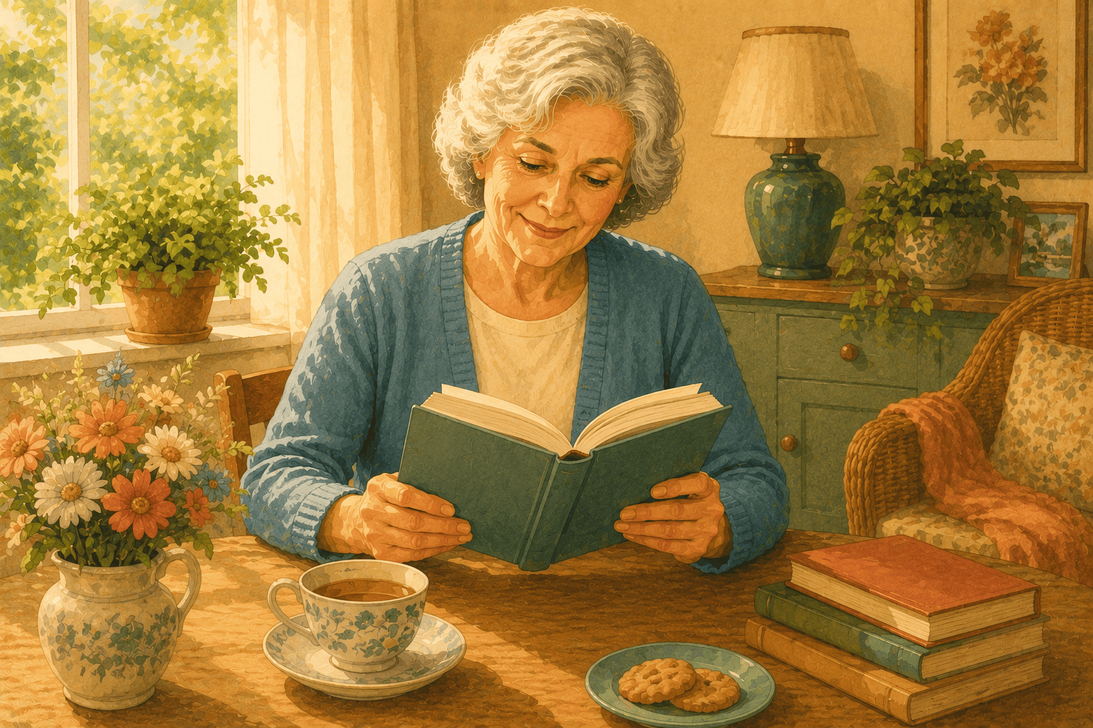 A confident older woman sits at a dining table reading a book beside a window filled with natural light. A cup of tea, flowers, stacked books, and comfortable home furnishings create a peaceful atmosphere that reflects the enjoyment of quiet, relaxing hobbies at home.