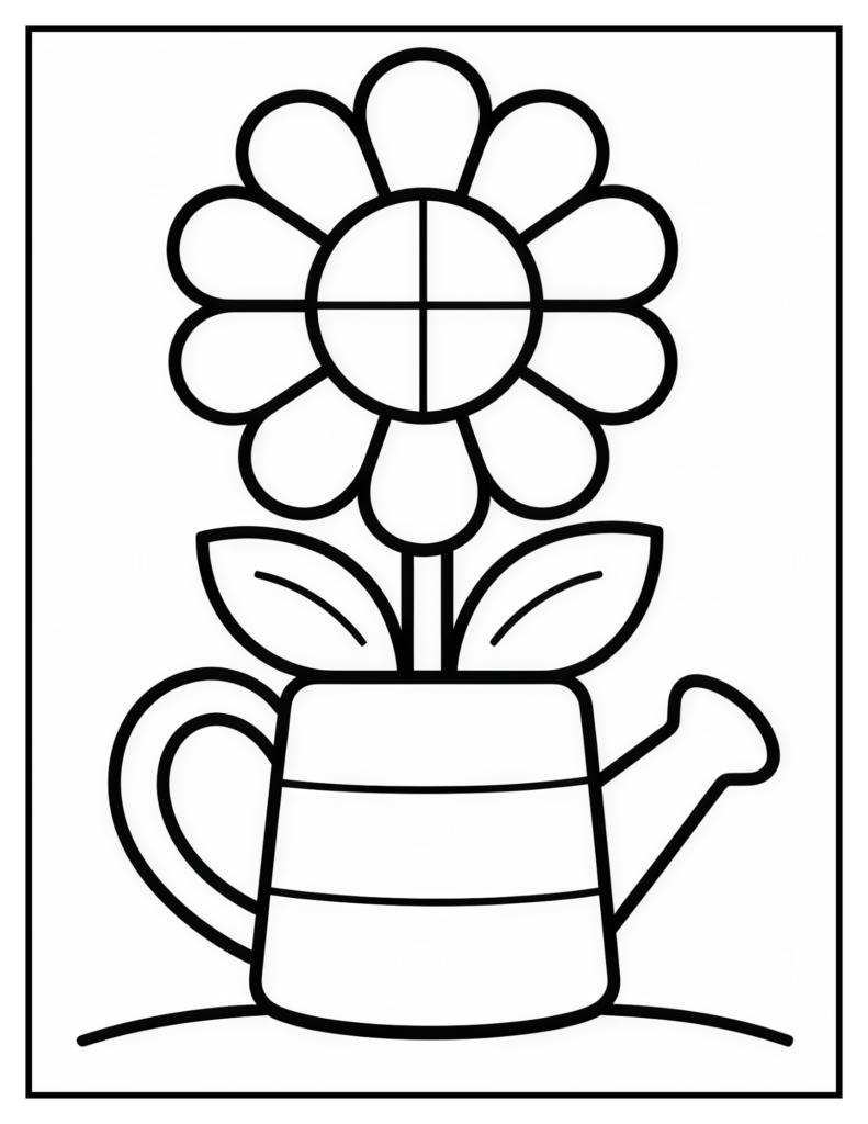 guided coloring page of a flower in a watering can - Adaptive Coloring Pages for Adults