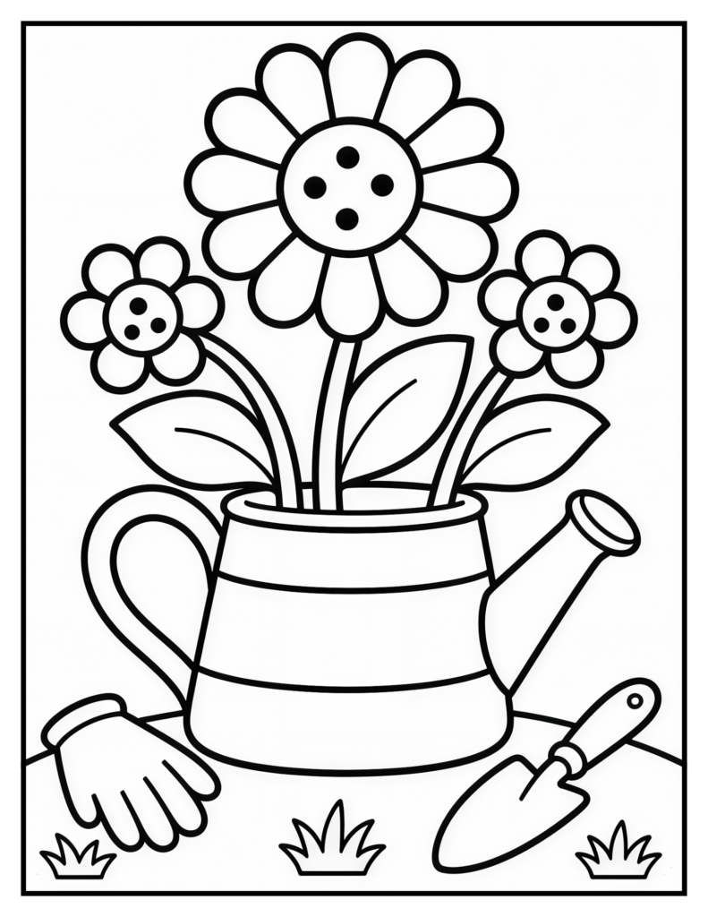 standard easy coloring page of a flower in a watering can - Adaptive Coloring Pages for Adults
